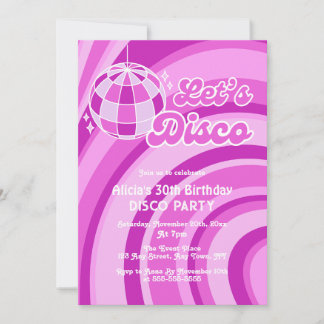 Lasst uns Disco Groovy Wave Retro 70er Lila Geburt Einladung