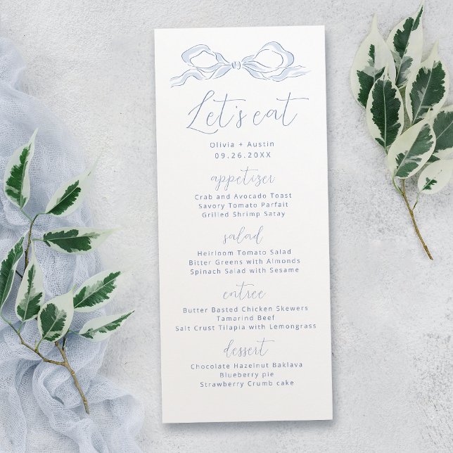Lasst uns dusty Blue Hand Drawn Bow Wedding essen Menükarte (Let's Eat Dusty Blue Hand Drawn Bow Wedding Menu)