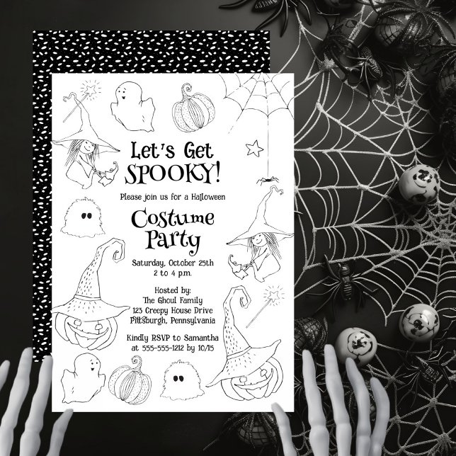 Lasst uns ein tolles Halloween-KostümParty bekomme Einladung (Black and white 'Let's Get Spooky!' Halloween Costume Party design.)