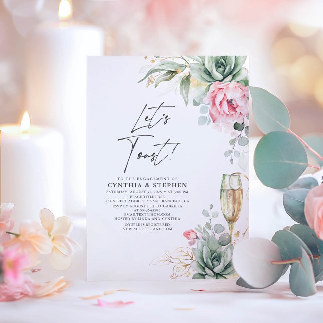 Lasst uns eine überwältigende, rosa, florale Engag Einladung (Succulents and Pink Flowers Elegant Engagement Party Invitations)