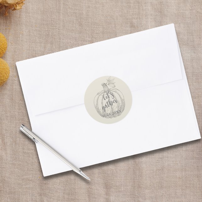 Lasst uns einen eleganten rustikalen Pumpkin-Ernte Runder Aufkleber (Let's Gather Elegant Rustic Pumpkin Thanksgiving Sticker)