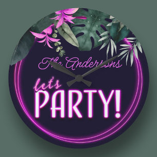 Lasst uns Electric Pink Neon Tropical Geburtstag f Große Wanduhr
