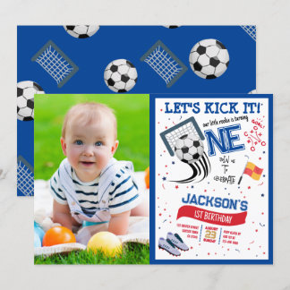 Lasst uns es Rookie Soccer Foto 1. Geburtstag kick Einladung