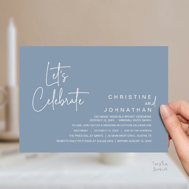 Lasst uns feiern, Hochzeits-Dinnerparty für Elopem Einladung (Let's Celebrate, modern minimal Wedding Elopement Dinner Party Invitation card in dusty blue)