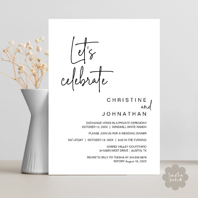 Lasst uns feiern, Hochzeitsfeier Dinner Einladung (Let's Celebrate, Classy Minimal Wedding Elopement Party Dinner Invitation Card in Black and White)
