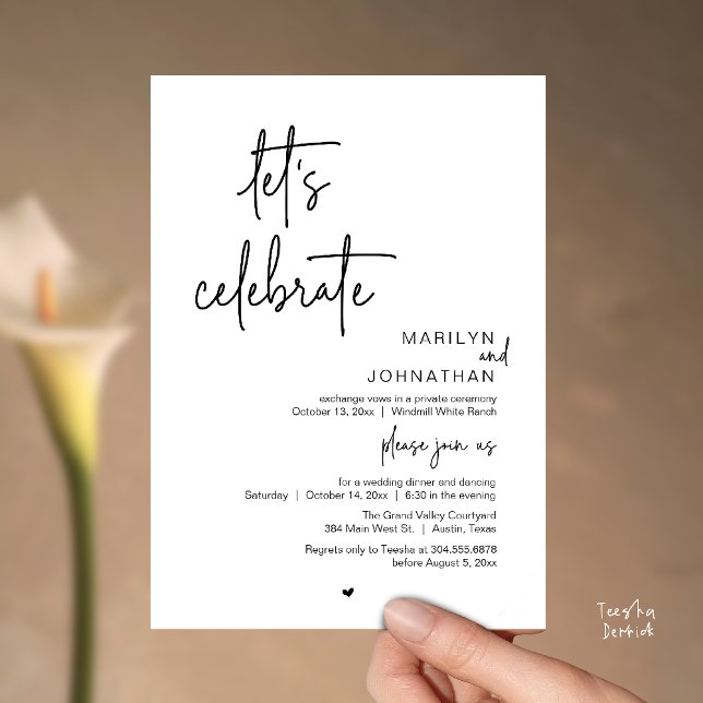 Lasst uns feiern, Minimale moderne Hochzeitsfeier Einladung (Let's Celebrate, Modern Minimal Wedding Reception dinner dancing Invitation card black and white)