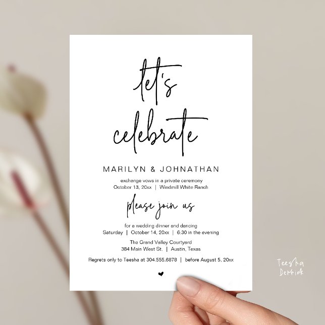 Lasst uns feiern, Moderne Minimal-Hochzeitsfeier Einladung (Let's Celebrate, Modern Minimal Wedding Reception dinner dancing Invitation card black and white)