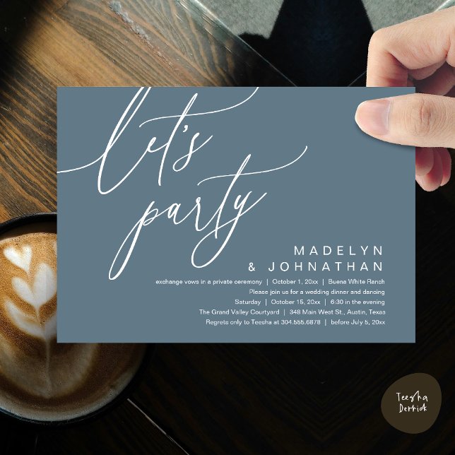 Lasst uns feiern, Romantisches Hochzeitsdinner und Einladung (Let's Party, Romantic Charm Wedding Dinner Dancing Lunch Brunch Invitation Card PDF Dusty Blue)