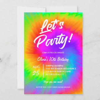 Lasst uns feiern Vibrant Tie Dye Geburtstagsfeier Einladung