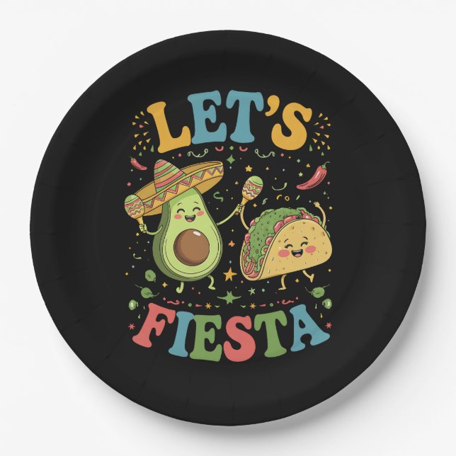 Lasst uns Fiesta Avocado und Tacos Cinco de Mayo Pappteller (Vorderseite)