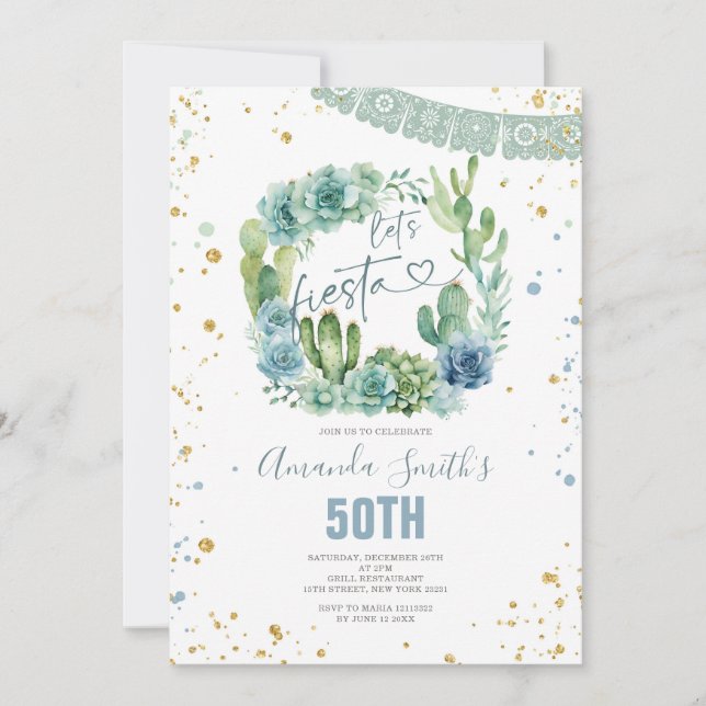 Lasst uns Fiesta Blue Cactus floral jeden Geburtst Einladung (Vorderseite)