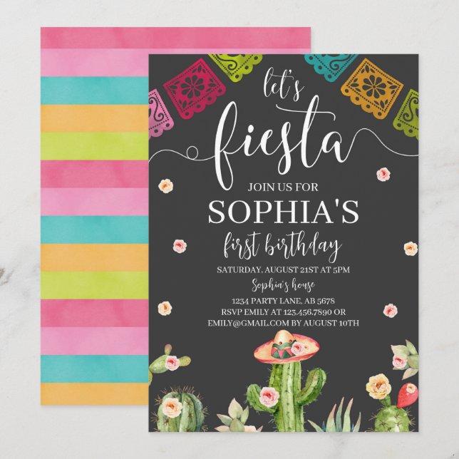 Lasst uns Fiesta Geburtstag Einladung Black (Vorne/Hinten)