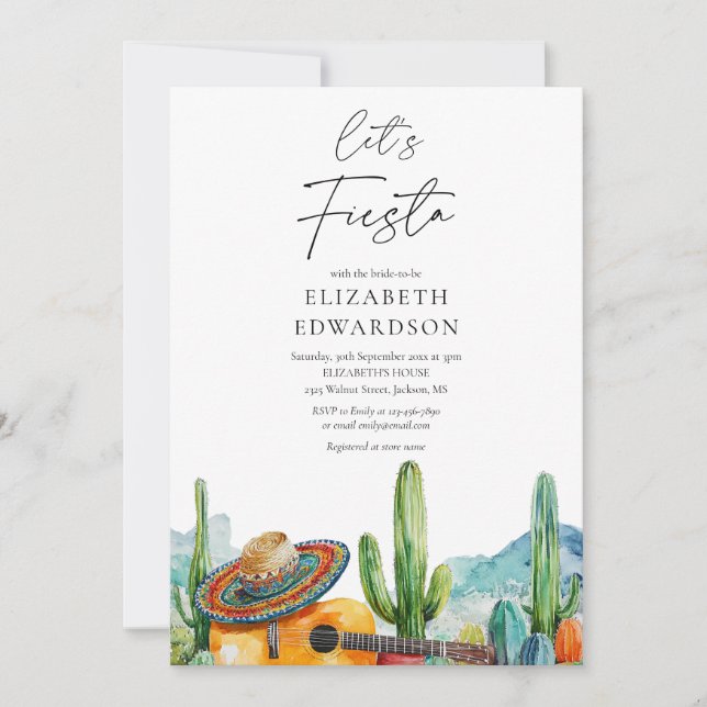 Lasst uns Fiesta Watercolor Cactus Brautparty Einladung (Vorderseite)