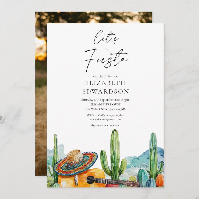 Lasst uns Fiesta Watercolor Cactus Foto Brautparty Einladung (Vorne/Hinten)