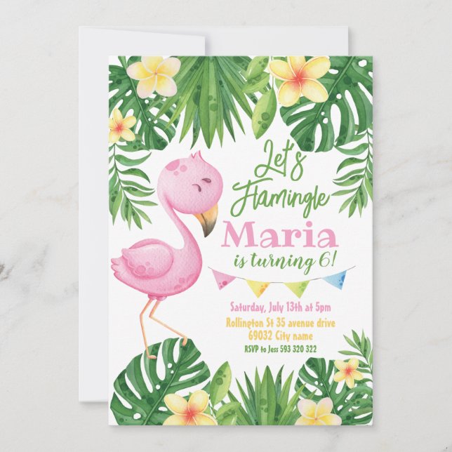 Lasst uns Flamingle Flamingo Tropical Birthday Einladung (Vorderseite)