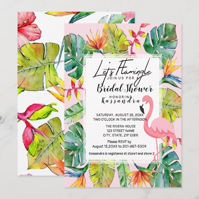 Lasst uns Flamingle Tropical Bridal Dusche einlade Einladung (Vorne/Hinten)