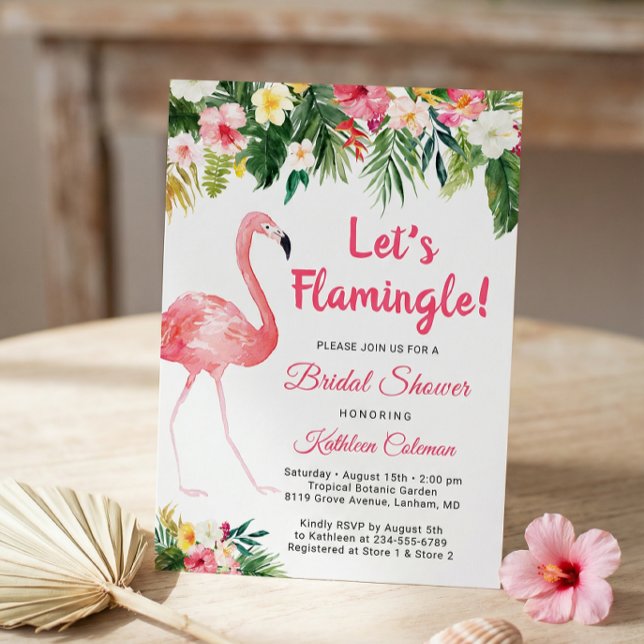 Lasst uns Flamingle Tropical Floral Brautparty Einladung (Von Creator hochgeladen)