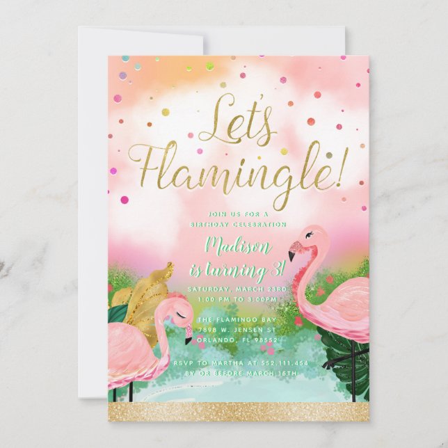 Lasst uns Flamingle Tropical Pink Flamingos Einlad Einladung (Vorderseite)