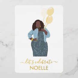 Lasst uns Geburtstag feiern! Schwarze Frau mit Luf Folieneinladung