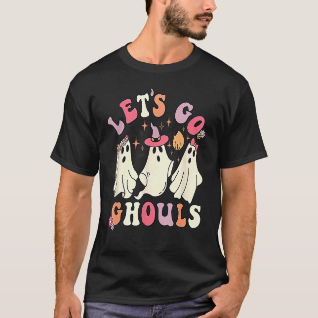 Lasst uns Ghouls Halloween Niedlich Groovy Ghost R T-Shirt (Vorderseite)