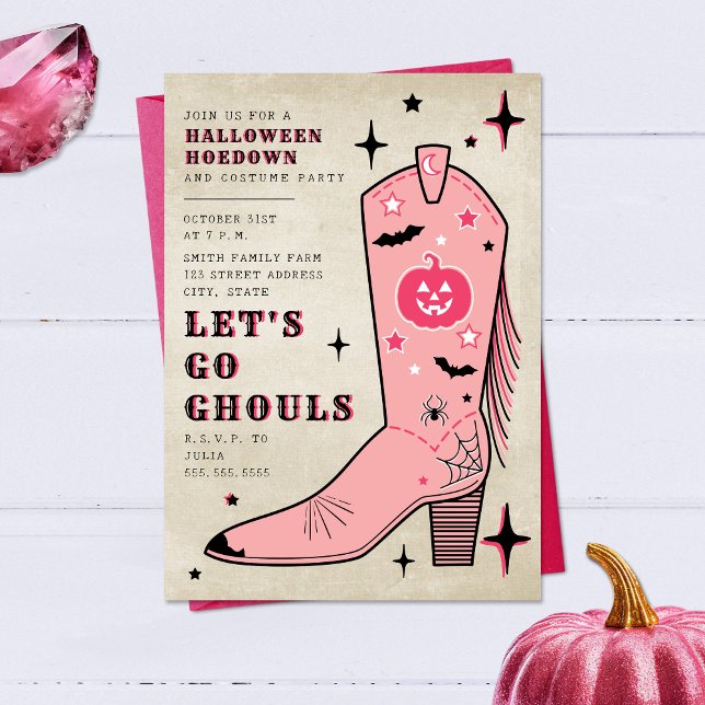 Lasst uns Ghouls Halloween-Party Pink Cowgirl Boot Einladung (Von Creator hochgeladen)