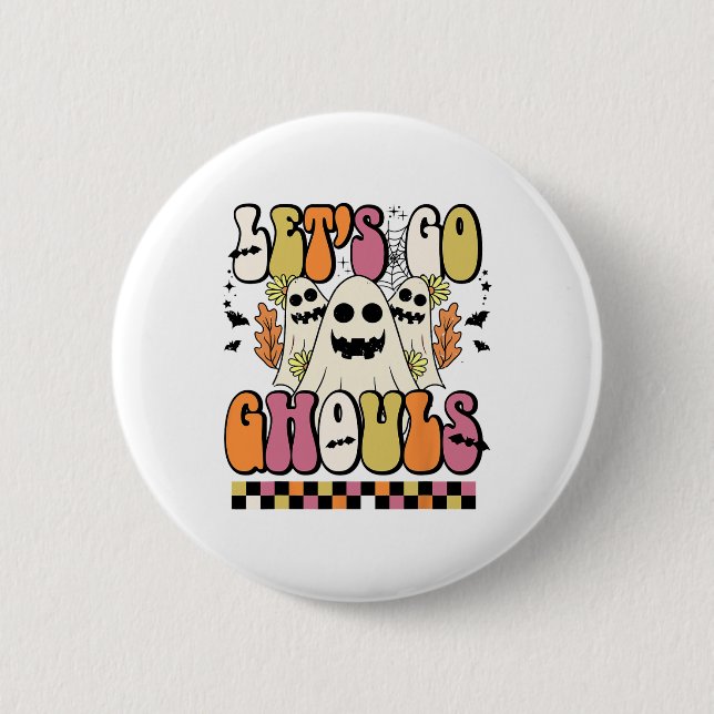 Lasst uns Ghouls Retro Blumengeister Groovy Hallow Button (Vorderseite)