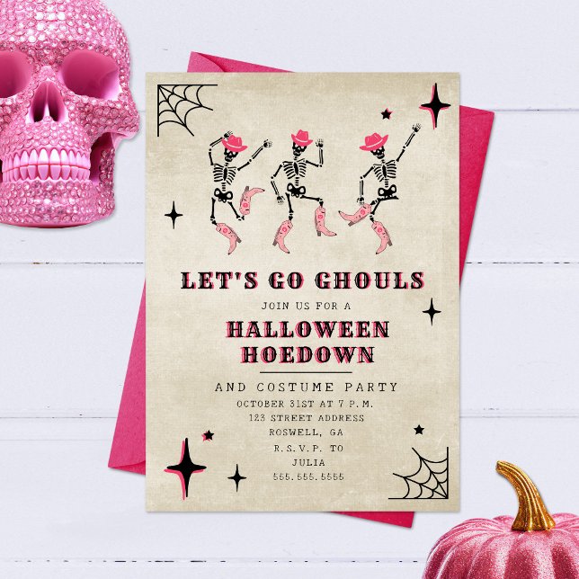 Lasst uns Ghouls Skeleton Pink Halloween-Party geh Einladung (Von Creator hochgeladen)