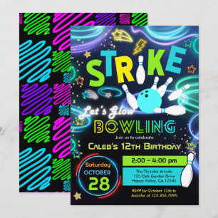 Lasst uns Glow Bowling Kindergeburtstagsfeier Neon Einladung
