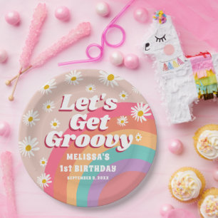 Lasst uns Groovy Colorful Rainbow & Daisy Geburtst Pappteller