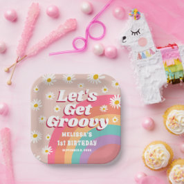 Lasst uns Groovy Colorful Rainbow Daisy Geburtstag Pappteller