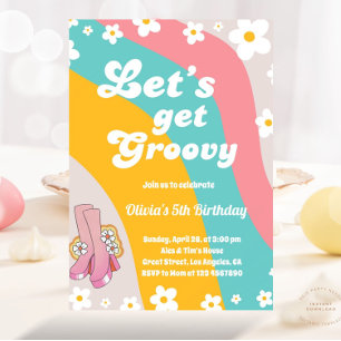 Lasst uns Groovy Daisy Rainbow Hippie Retro Birth  Einladung