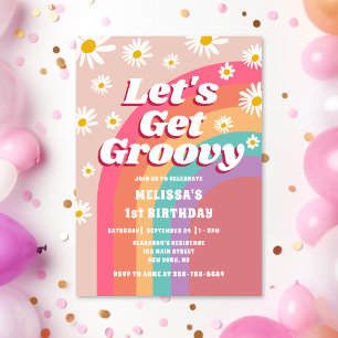 Lasst uns Groovy Daisy Rainbow Retro Geburtstag ho Einladung