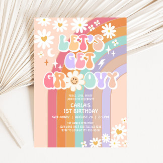 Lasst uns Groovy Daisy Rainbow Retro Geburtstag ho Einladung