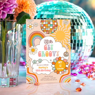 Lasst uns Groovy Retro 70er Rainbow Teen Geburtsta Einladung