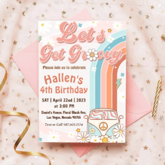 Lasst uns Groovy Retro Boho Daisy Rainbow zum Gebu Einladung