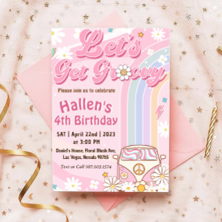 Lasst uns Groovy Retro Boho Daisy Rainbow zum Gebu Einladung