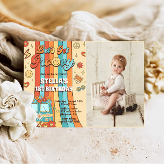 Lasst uns Groovy Retro Rainbow 1. Geburtstag Foto  Einladung