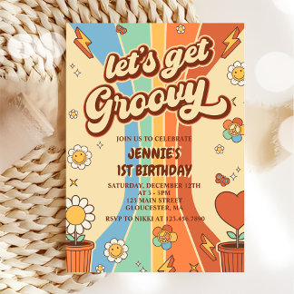 Lasst uns Groovy Retro Rainbow 1. Geburtstag Party Einladung