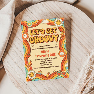 Lasst uns Groovy Retro Rainbow 1. Geburtstag Party Einladung