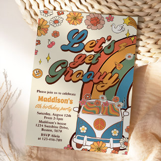 Lasst uns Groovy Retro Rainbow 6. Geburtstag bekom Einladung