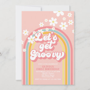 Lasst uns Groovy Retro-Regenbogen-Geburtstag feier Einladung