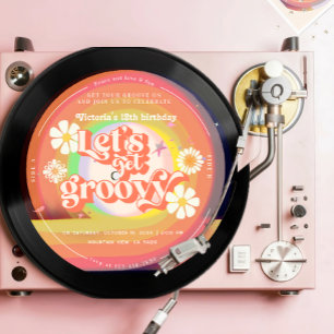 Lasst uns groovy Retro Vinyl Regenbogen Gänseblümc Einladung