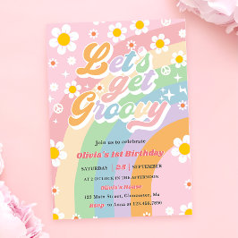 Lasst uns Groovy Vintage Blumenmädchen zum Geburts Einladung