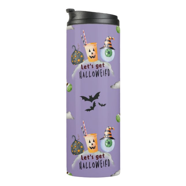 "Lasst uns Hallo-komisch" Funky Halloween Lila Thermosbecher (Nach rechts gedreht)