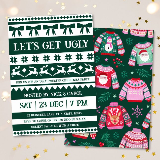 Lasst uns hässliche Weihnachten kalt schwitzen dun Einladung (Let's Get Ugly Christmas Ugly Sweater Dark Green Invitation)