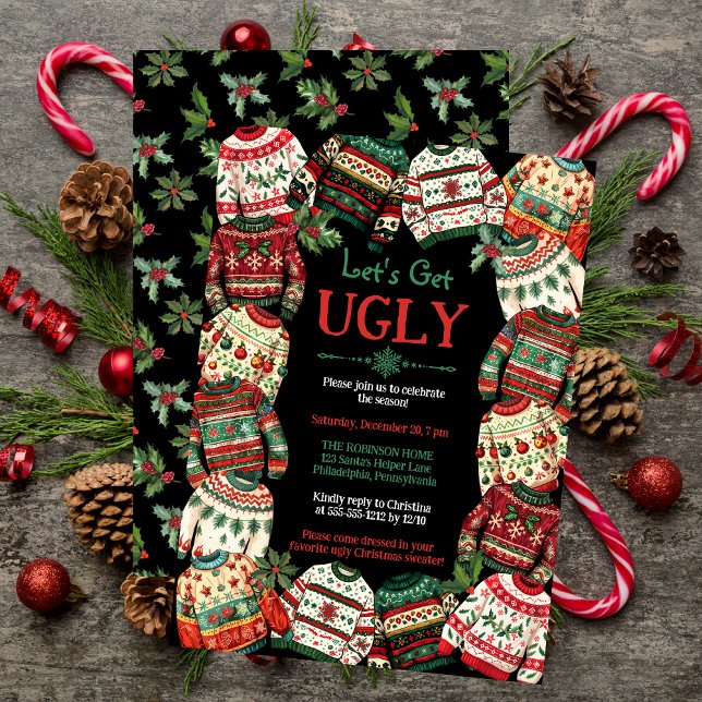 Lasst uns hässliches Weihnachts-Sweater-Party Schw Einladung ("Let's Get Ugly" Christmas Sweater Party Black Invitation)