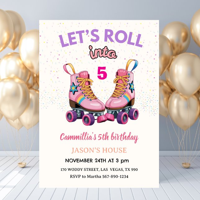 Lasst uns in 5 Retro-Rollschuh-Geburtstag reinfeie Einladung (Let's Roll into 5 Retro Roller Skate Birthday Invitation
)