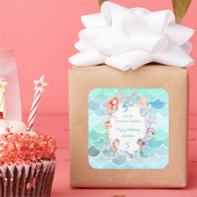 Lasst uns Mermaids zusammen Mermaid Party Geburtst Quadratischer Aufkleber (Party)