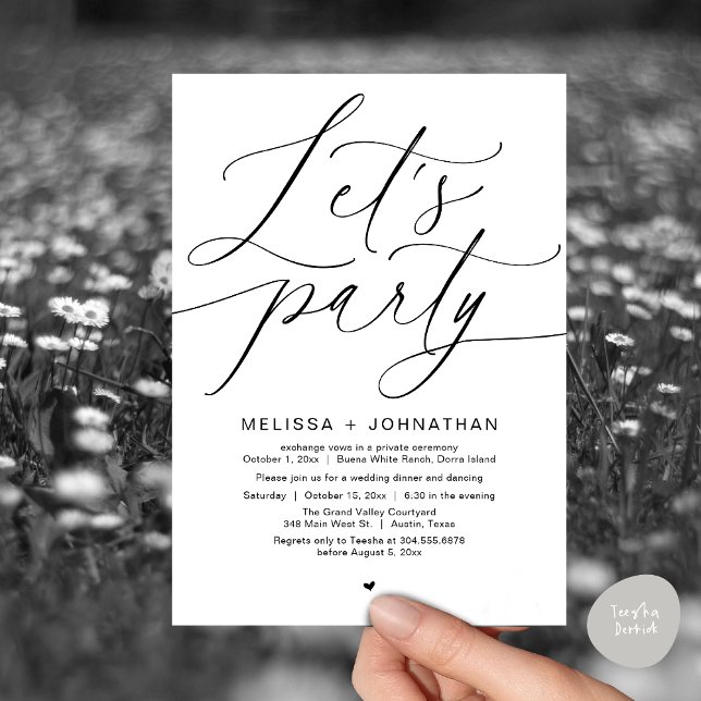 Lasst uns nach dem Hochzeitsessen glücklich essen  Einladung (Let's Party Happily Ever After Romantic Modern Wedding Dinner Invitation Card PDF White Black)