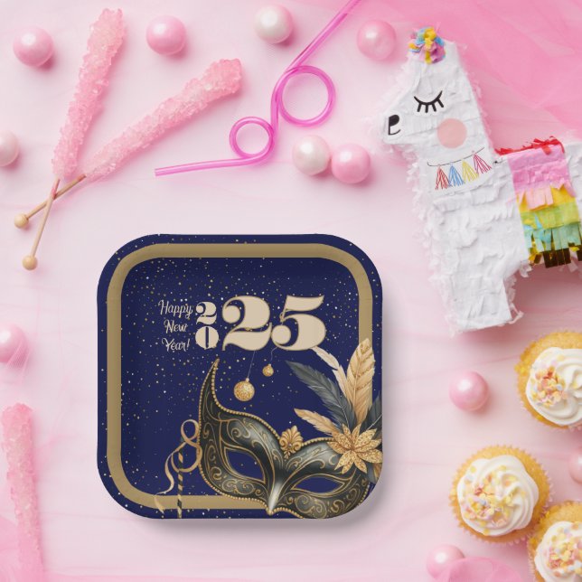 Lasst uns Neujahr Party glamourös blau und schwarz Pappteller (Party)